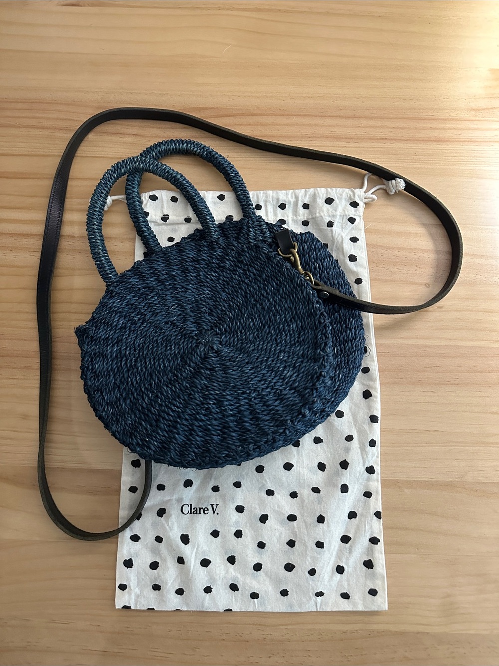 Clare V Navy Round Woven Crossbody with Leather Strap